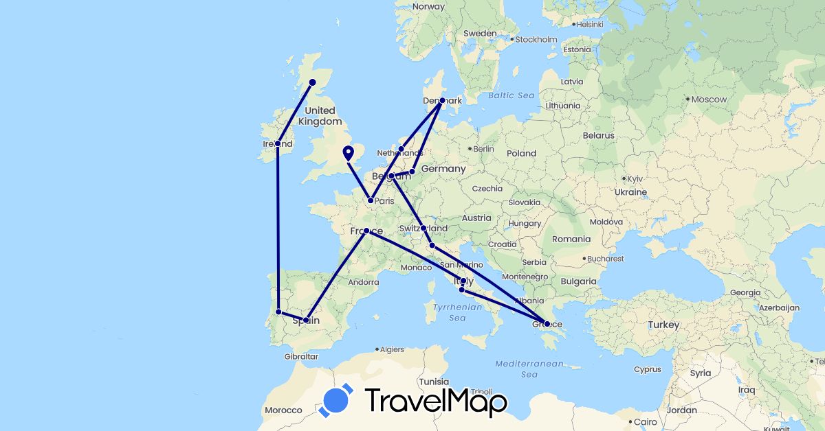TravelMap itinerary: driving in Belgium, Switzerland, Germany, Denmark, Spain, France, United Kingdom, Greece, Ireland, Italy, Netherlands, Portugal (Europe)
